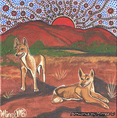 Australian Desert Dingoes by Mountain and Plain Framed Canvas Print by Mirree Contemporary Aboriginal Art